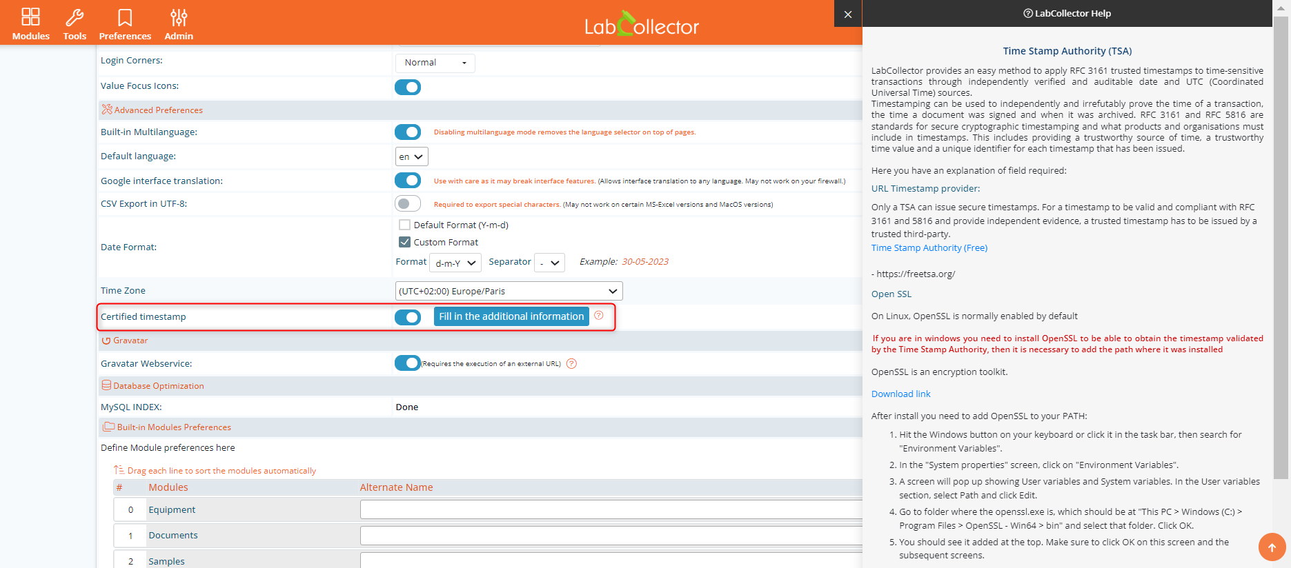 eln labcollector timestamp